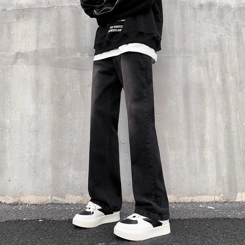 黑色渐变微喇牛仔裤男女夏季美式复古高街vibe直筒修身童装长裤子 - 图0