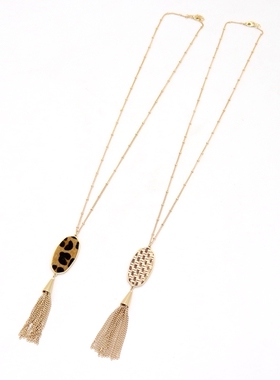 鲍鱼贝壳纸豹纹款椭圆草编项链