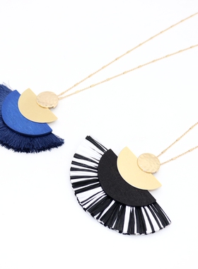 欧美电镀半圆合金木头拉菲草项链