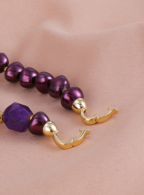 法式复古天然石紫水晶串珠项链