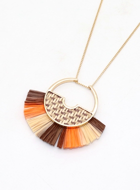 欧美风圆形拉菲草流苏长款项链