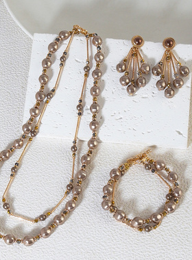 1套质感施家珍珠香槟色珍珠串珠时尚双层百搭项链手链耳环套装女