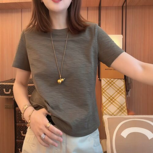 渐变纹理简约纯色短袖T恤女2026夏季新款时尚百搭显瘦肌理感上衣 - 图0