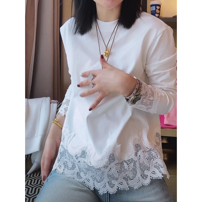 蕾丝拼接长袖T恤女2025年春季新款时尚休闲宽松百搭显瘦纯色上衣,淘宝优惠券,粉丝福利购,淘宝优惠卷