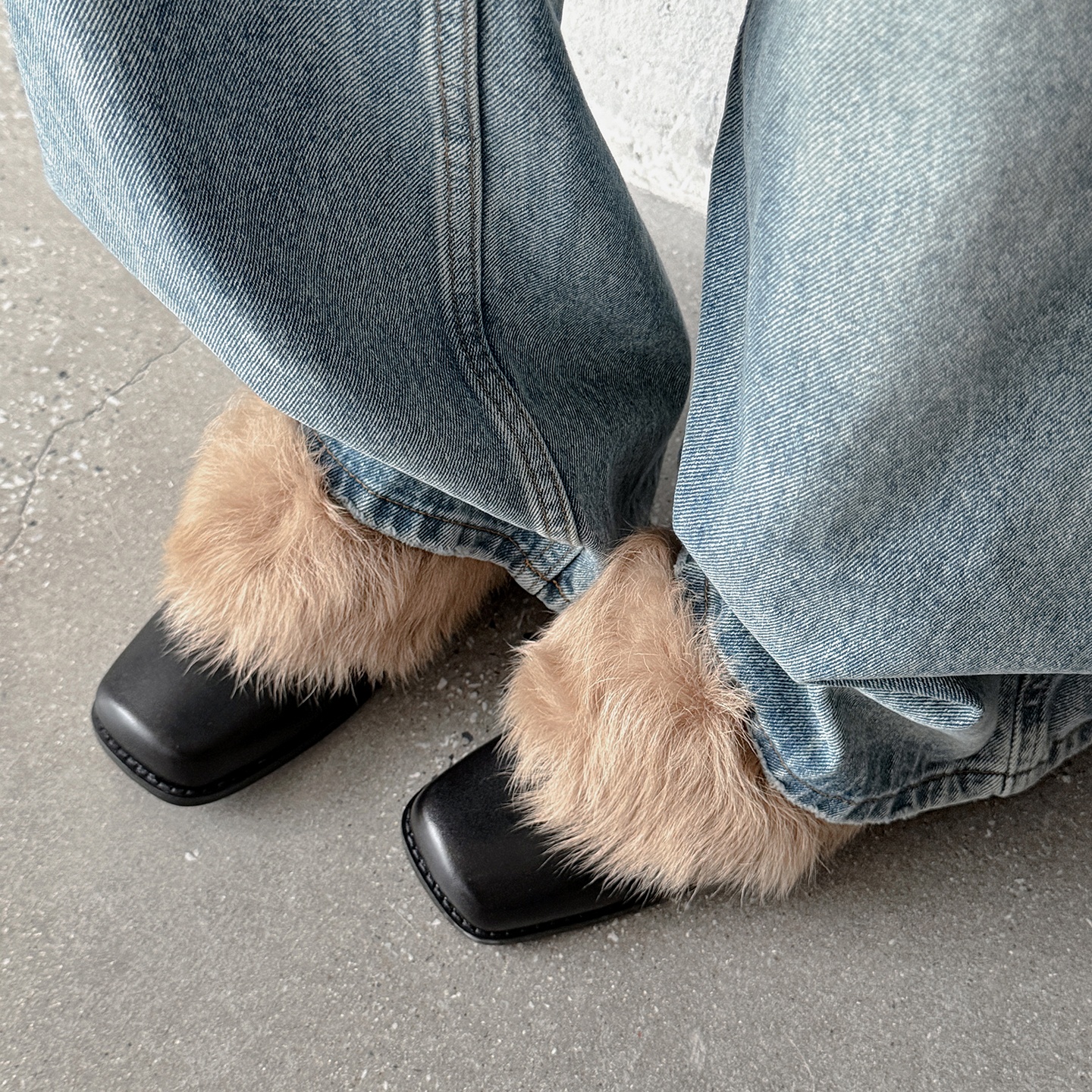 5.5cm真皮羊毛鞋口粗跟单鞋女加绒保暖毛毛鞋法式复古高跟小皮鞋 - 图0