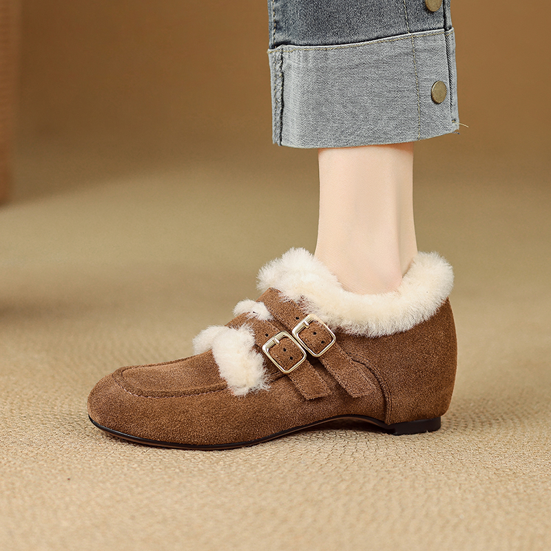 5cm真皮复古圆头加绒保暖毛毛鞋女2025冬季新款厚底内增高勃肯鞋 - 图2