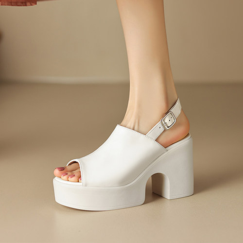 鱼嘴罗马鞋女真皮夏超高跟小个子增高凉鞋露趾防水台配裙子松糕鞋 - 图0