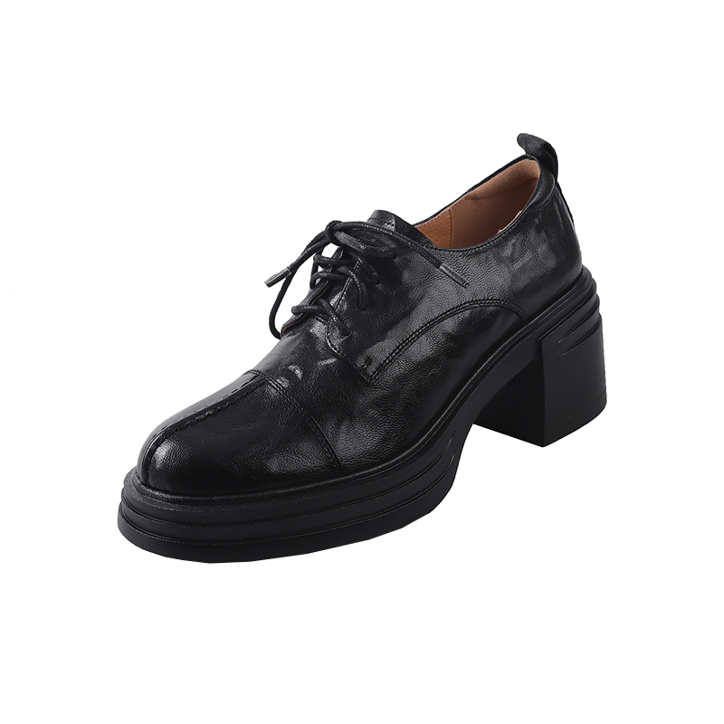 英伦风圆头粗跟德比小皮鞋女2025新款春季小个子厚底高跟真皮单鞋 - 图3