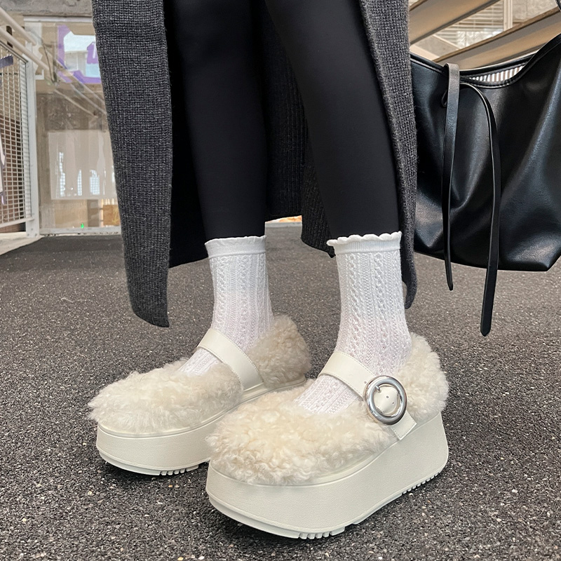 厚底羊羔毛加绒保暖玛丽珍鞋女秋冬新款一字带增高浅口白色毛毛鞋 - 图0