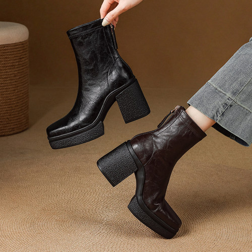 8cm小众高跟弹力瘦瘦靴女2025新款厚底防水台短靴百搭增高马丁靴 - 图2