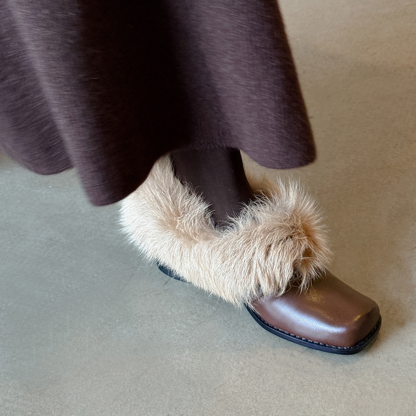 5.5cm真皮羊毛鞋口粗跟单鞋女加绒保暖毛毛鞋法式复古高跟小皮鞋 - 图1