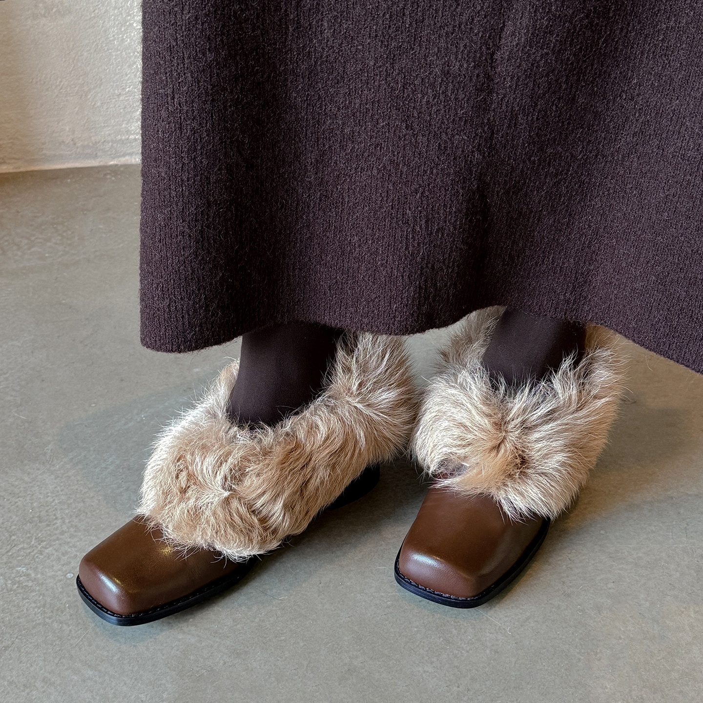 5.5cm真皮羊毛鞋口粗跟单鞋女加绒保暖毛毛鞋法式复古高跟小皮鞋 - 图2