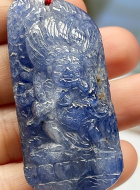 天然缅甸蓝宝石雕刻件大黑天招米守护神皇家蓝配红宝石毛衣链有证