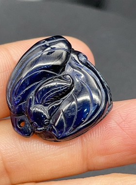 52.75ct山东蓝宝石苏工雕刻件22*23.1mm莲蓬蝙蝠多子多福挂坠有证