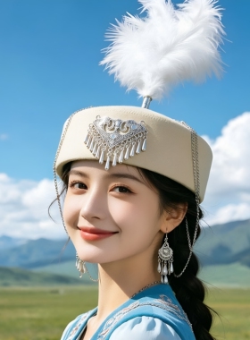 哈萨克族羽毛花帽手工演出公主帽