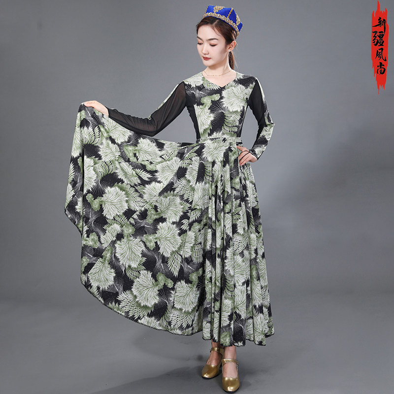 满钻印花连衣裙新款新疆舞蹈服装720度大摆裙维族民族风跳舞裙子