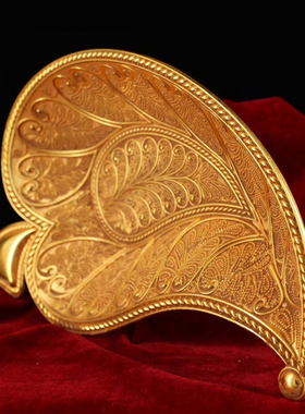 西藏收地宫出土老青铜掐丝鎏金树叶盘子果盘供盘家居用品