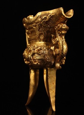 古玩收藏珍藏品纯铜鎏金唐代三脚龙酒杯一个双龙酒樽