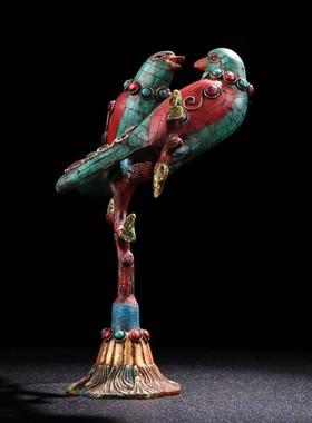 纯铜纯手工打造镶嵌宝石彩绘描金喜鹊登梅双喜临门铜器摆件喜鹊鸟