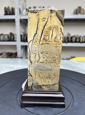 国画石四方柱奇石天然原石家用客厅玄关草花石头摆件办公室观赏石