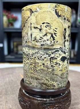 天然草花石头笔筒国画石奇石摆件黑檀木旋转底座圆柱毛笔旋转笔筒