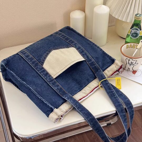 Xifanni retro stitching contrasting color denim canvas bag