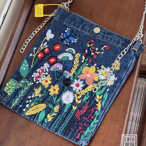 Xifanni denim bag floral embroidery retro chain bag