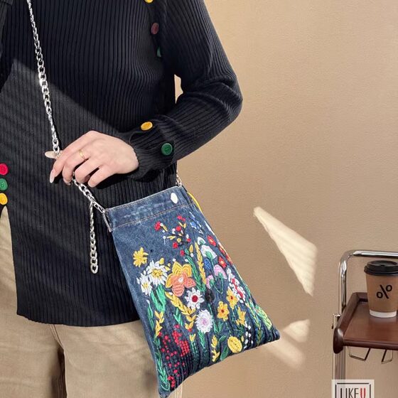 Xifanni denim bag floral embroidery retro chain bag