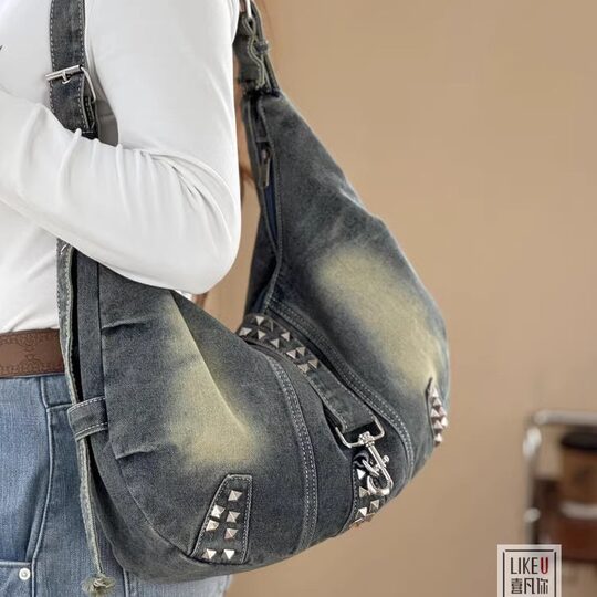 Xifanni retro distressed rivet washed denim bag
