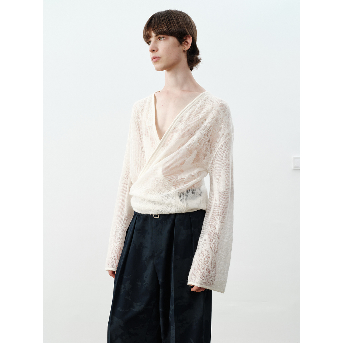 GRAINMUSTARD 婴儿羊驼镂空提花针织开衫复古绑带网纱裹袍外套 - 图1