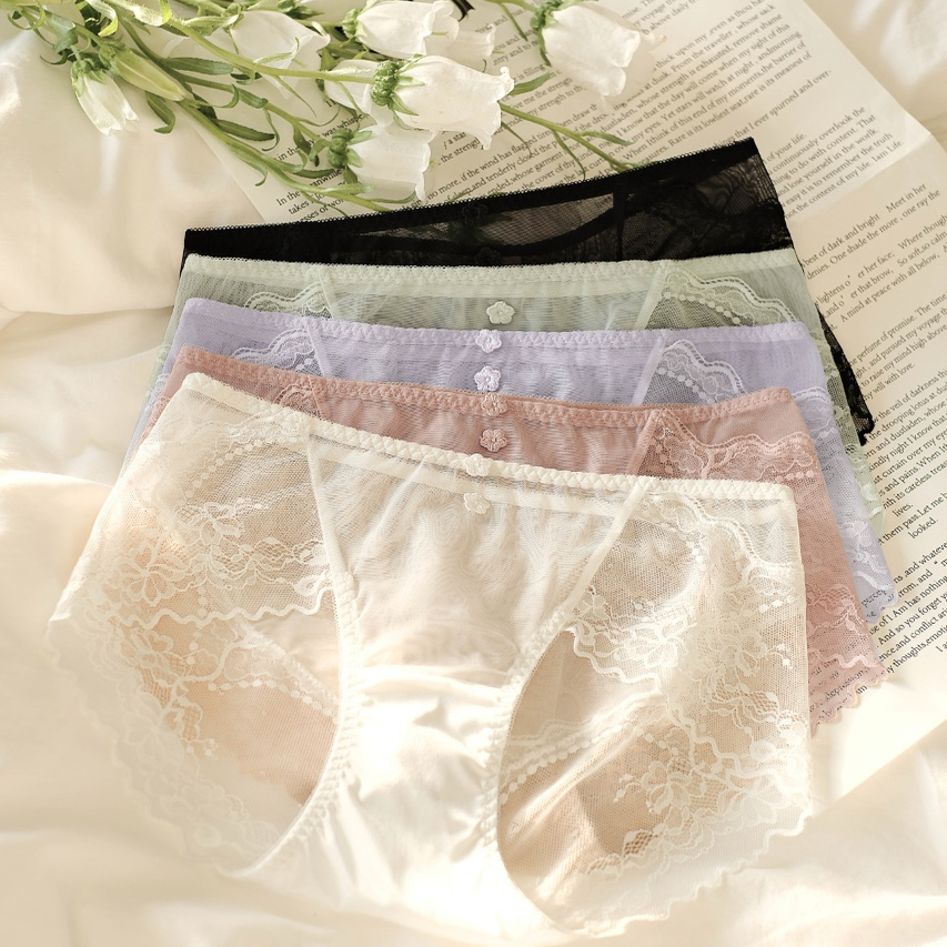 訫心2025蕾丝内裤女性感无痕包臀中腰高网纱弹性纯欲透明薄三角裤 - 图0
