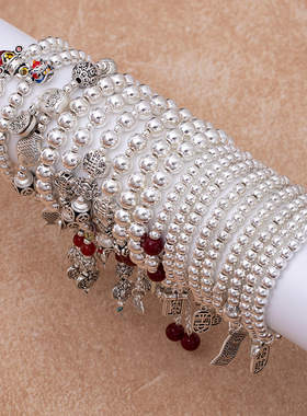 光泽感银色串珠手链民族风藏式做旧祝福手串手饰品高级招财猫手绳