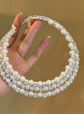 法式浪漫多层珍珠闪钻短款项链小众复古轻奢气质锁骨链晚礼服配饰