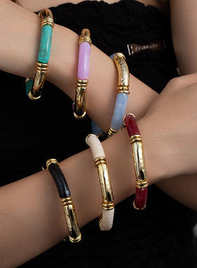 欧美时尚个性拼接亚克力弯管手镯弧形设计多色复古独特手串手饰品