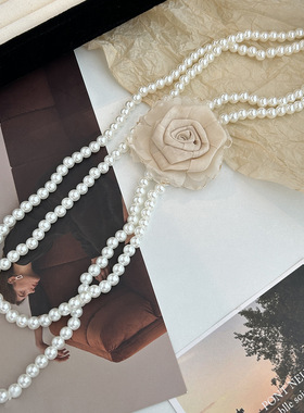 网纱玫瑰花朵珍珠项链女高级感轻奢秋冬叠戴毛衣链配饰优雅清冷感