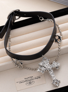 跨境欧美暗黑系哥特风黑色十字架颈链项圈轻奢个性小众超酷项链女