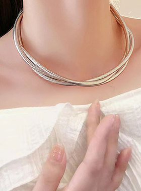 多层缠绕麻花项链欧美跨境三线蛇骨项圈轻奢高级金属朋克嘻哈项链