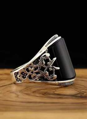 超酷帅气男款黑色亮面戒指小众高级感复古朋克浮雕花纹指环宽戒子