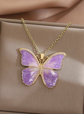 森系蝴蝶珍珠项链女超仙气渐变色锁骨链简单复古优雅汉服精致项圈