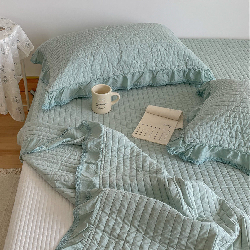 植物酵素砂洗纯色全棉绗缝床盖三件套纯棉荷叶边花边绗缝夹棉床单