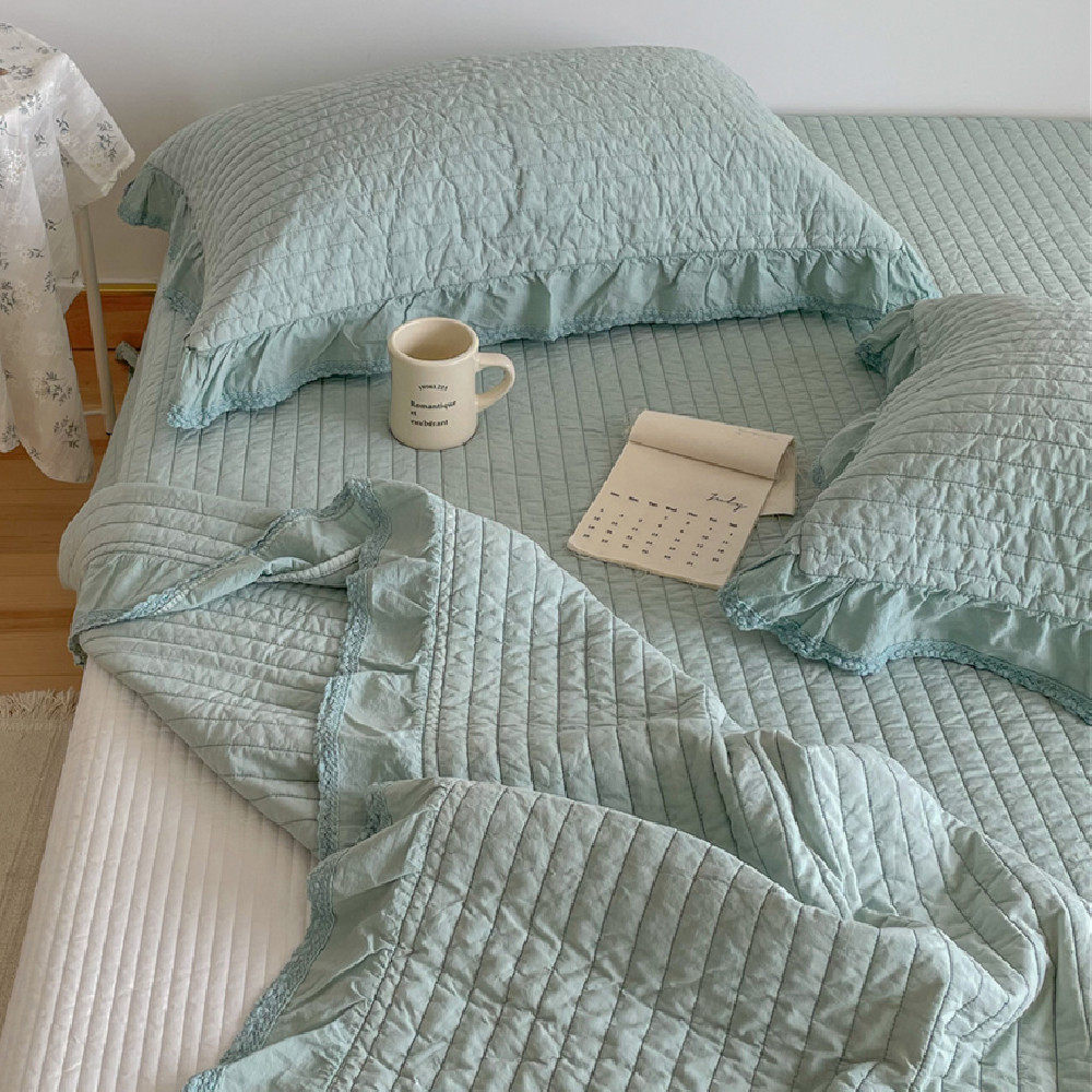 植物酵素砂洗纯色全棉绗缝床盖三件套纯棉荷叶边花边绗缝夹棉床单