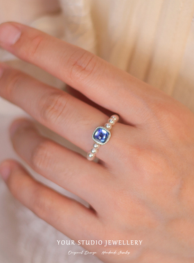 Aquamarine方形天然海蓝宝施家珍珠戒指S925纯银戒子正品有弹力女