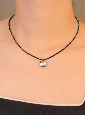 萌萌哒项链！手工雕刻猫咪天然特细2mm切面黑尖晶锁骨链项链女