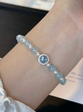 天然海蓝宝淡水珍珠925银手链仿施家小众设计送女友送闺蜜礼物