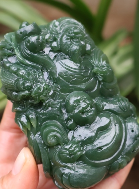 和田玉碧玉弥勒佛逍遥佛手把件财富双全玉把件财神手把件