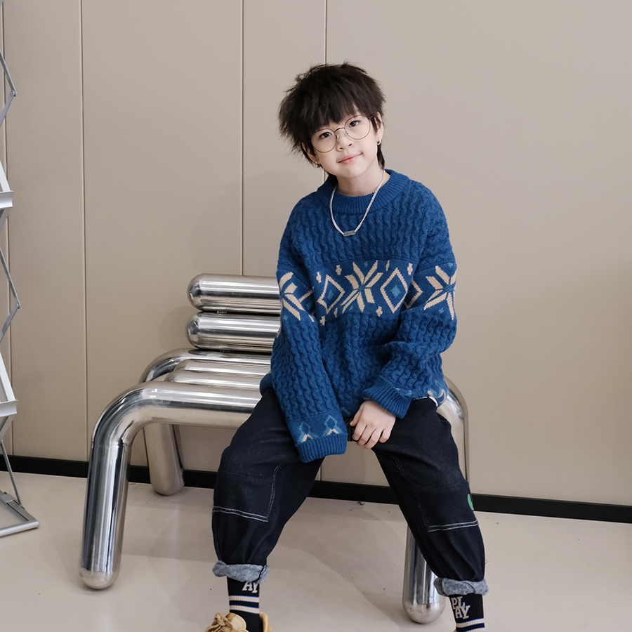 男童毛衣冬装新款洋气中大童线衣韩版复古男孩外套儿童针织衫 - 图1