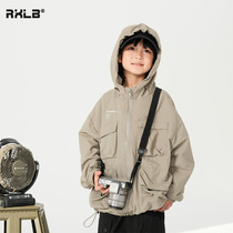 Boy big pockets zipped cardiovert childrens spring and autumn even hat jacket CUHK Tong Yang qi jacket submachine clothes