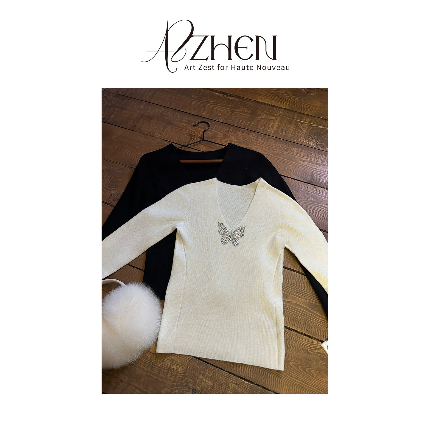 AZZHEN【月光蝶语】百搭黑色羊毛V领领口袖口重工烫钻针织打底,淘宝优惠券,粉丝福利购,淘宝优惠卷