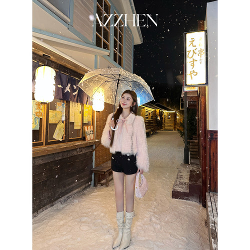 AZZHEN黑标【蜜桃泡芙绒】店庆100大理石狐水貂毛拼接皮草外套女 - 图0