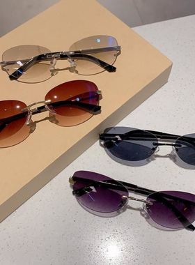 复古时尚无框墨镜女夏椭圆框港风辣妹街拍猫眼太阳镜遮阳小框眼镜